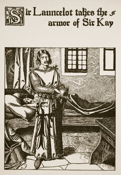 Sir Launcelot, Sir Kay'in zırhını alıyor, "Yuvarlak Masa Şampiyonlarının Hikayesi"nden bir örnek by Howard Pyle