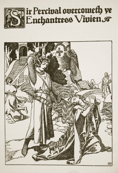 Sir Percival, büyücü Vivien'i yendi, 'Yuvarlak Masa Şampiyonlarının Hikayesi'nden bir örnek by Howard Pyle