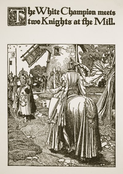 Beyaz Şampiyon, Değirmen'de iki Şövalye ile tanışır, 'Kral Arthur ve Şövalyelerinin Öyküsü'nden bir çizim, 1903 by Howard Pyle
