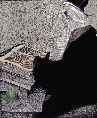 Sihirbaz Merlin. Howard Pyle (1853 - 1911), Amerikalı karikatürist, “Kral Arthur ve Şövalyelerinin Öyküsü” için çizim by Howard Pyle
