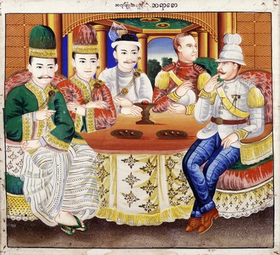 Kral Thibaw, devlet adamları ve bir İngiliz subayı ile (tekstilde wc) by Hsaya Chone and Hsaya Saw