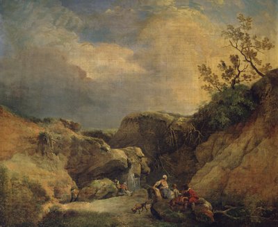 Bir Şelalenin Yanında Konuşan Gezginlerle Kayalık Ormanlık Bir Manzara (tuval üzerine yağlı boya) by Hubert (circle of) Robert