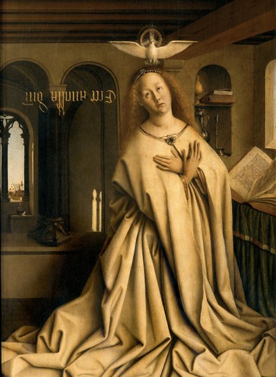 Ghent Altarpiece'in sağ panelinin dışından Bakire Müjde'nin detayı by Hubert & Jan van (1390 1441) Eyck