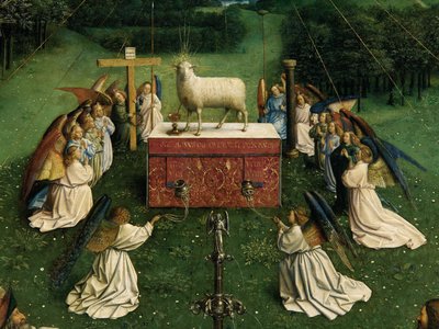 Ghent Altarpiece'den Mistik Kuzunun Tapınması, orta panelin alt yarısının detayı by Hubert & Jan van (1390 1441) Eyck
