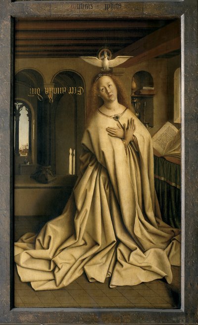 Melek Cebrail, Mesajı Maria'ya iletir, Ghent Altarpiece'den detay, kapalı (panel üzerinde yağlı boya) by Hubert & Jan van (1390 1441) Eyck