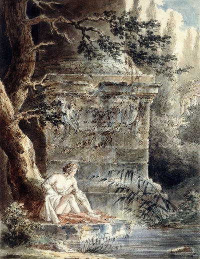 Bir Sütunun Yanında Genç Bir Yıkanan, by Hubert Robert