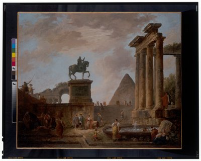 Roma kalıntıları arasındaki bir havzanın yanında ozanlar ve çamaşırcı kadınlarla birlikte bir capriccio, arkasında bir piramit, 1780 dolayları (tuval üzerine yağlıboya) by Hubert Robert