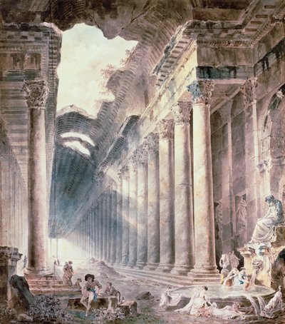Sütunlu bir termal bina, çatısı kısmen gökyüzüne açık, kızlar çamaşır yıkıyor (suluboya, kurşun kalem, mürekkep) by Hubert Robert