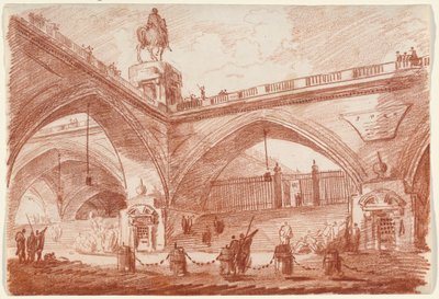 Zafer Köprüsü ile Mimari Fantezi, c.1760 (kağıt üzerine kırmızı tebeşir) by Hubert Robert