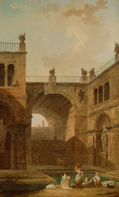 Havuzda Çamaşır Yıkayan Kadınların Mimari Sahnesi by Hubert Robert