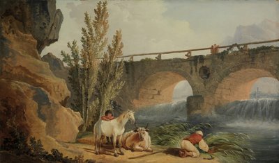 Cascade üzerinde köprü. by Hubert Robert