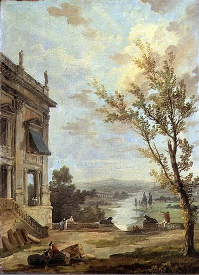 Capitoline Palazzo Nuovo ile Capriccio İtalyan manzarası ve bir terasta kibar insanlar, ötesinde bir nehir by Hubert Robert