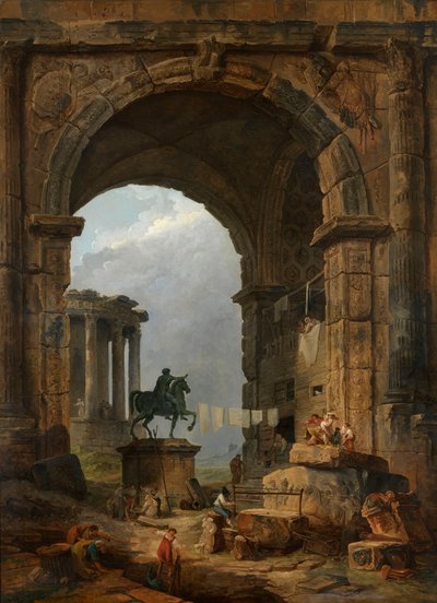 Marcus Aurelius heykeli ile Caprice antika. by Hubert Robert