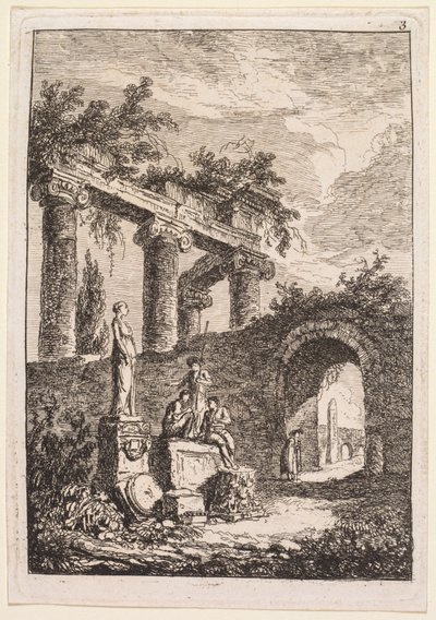 Roma'da Akşamları: Harabelerin Önündeki Heykel by Hubert Robert