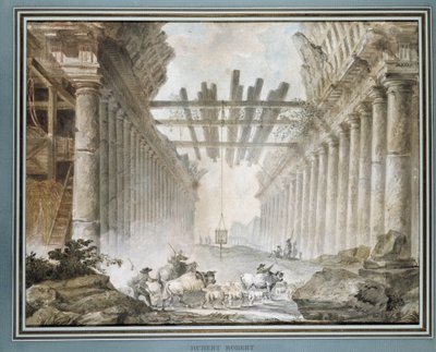 Bir çizim tapınağının harabelerinde sürü (tuval üzerine yağlı boya) by Hubert Robert
