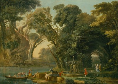 Bir iniş ile İtalyan Caprice (tuval üzerine yağlı boya) by Hubert Robert