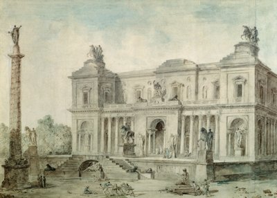 Le Musée des Antiques, c.1800 (kağıt üzerine tebeşir, kalem ve mürekkep ve tuvalet) by Hubert Robert