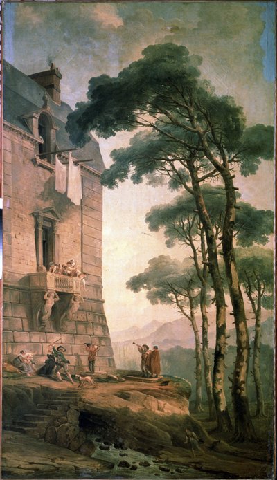 Müzisyenler. Müzisyenlerden ve bir ayı eğitmeninden oluşan bir sanatçı topluluğu, orta sınıf bir evin balkonunun altında arama yapıyor. Hubert Robert (1733-1808), tuval üzerine yağlı boya, Fransız sanatı. Devlet Açık Hava Müzesi Peterhof, Saint Petersburg by Hubert Robert