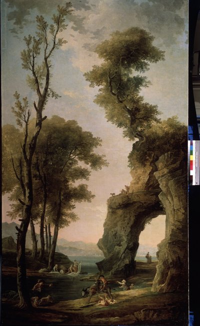 Kırsal bölge. Çamaşırcı kadınlar nehirde çamaşır yıkıyor. Bir kadın eşekten düşüyor. Hubert Robert (1733-1808), tuval üzerine yağlı boya, Fransız sanatı. Devlet Açık Hava Müzesi Peterhof, Saint Petersburg. by Hubert Robert