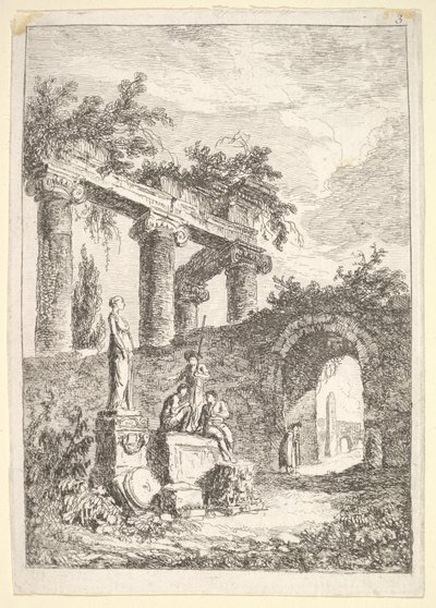 Levha 3: Harabelerden Önce Heykel: bir duvarda üç figürün yanında solda bir heykel..., yakl. 1763-64. by Hubert Robert