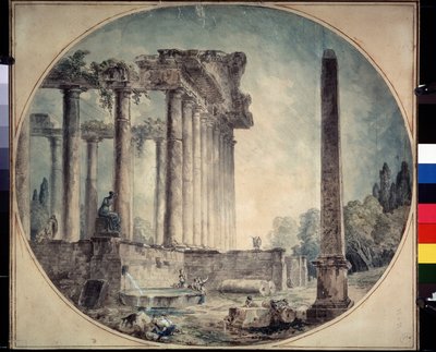 ""Antik Harabeler ve Dikilitaş"" Hubert Robert (1733-1808) tarafından Suluboya 1776 Devlet A. Puşkin Güzel Sanatlar Müzesi, Moskova, Rusya by Hubert Robert