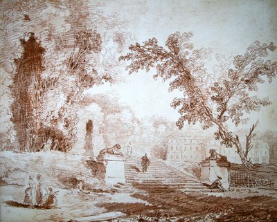 Teraslı bir bahçe manzarası (kağıt üzerinde kırmızı tebeşir) by Hubert Robert