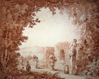 Heykelli bir bahçe manzarası (kağıt üzerinde kırmızı tebeşir) by Hubert Robert
