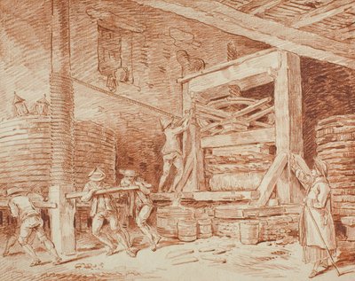 Wine Press, c.1759 (devetüyü serilmiş kağıt üzerine kırmızı tebeşir, krema serilmiş kart üzerine serilmiş) by Hubert Robert
