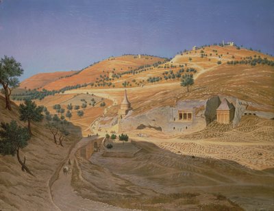 Araplar ve harap bir tapınak ile tepelik bir manzara by Hubert Sattler