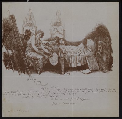 Çocuklar ve şövale ile sanatçı dahil alegorik figürler ile bir ölüm yatağı sahnesi by Hubert von Herkomer