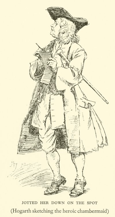 Hogarth, kahraman oda hizmetçisini çizerken (gravür) by Hugh Thomson