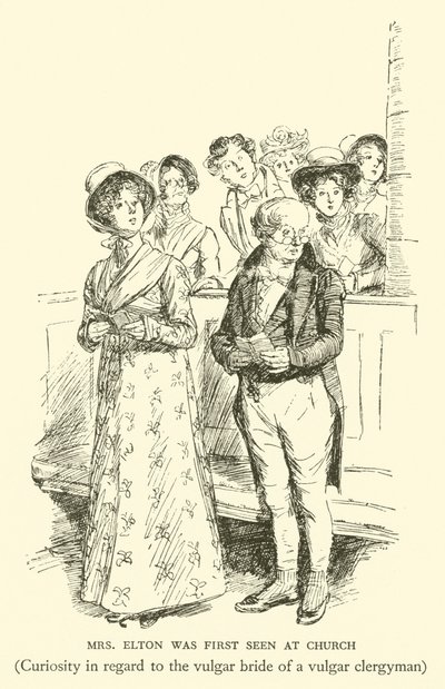 Bayan Elton İlk Olarak Kilisede Görüldü, Kaba bir din adamının kaba geliniyle ilgili merak (gravür) by Hugh Thomson