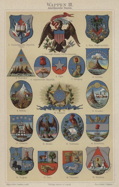 Amerika ülkelerinin arması (renkli lito) by Hugo Gerard (after) Strohl
