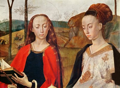 Aziz Margaret ve Aziz Mary Magdalene. Portinari Sunağı#39;ndan detay. Yaklaşık 1479. Paneldeki yağ by Hugo van der Goes
