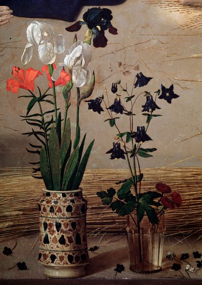 Üç Parçalı Portinari: çiçeklerin merkezi detayı - panelde yağ by Hugo van der Goes