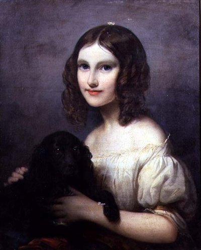 Evcil köpeği olan genç bir kızın portresi by Hugues Merle