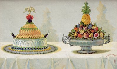 Tereyağı, buz ve meyve yatağında mayonezli ve jöleli piliç tavuğunun sunumu için tasarım, Fransız yemekleri üzerine bir Macar yemek kitabından illüstrasyon, c.1880 by Hungarian School