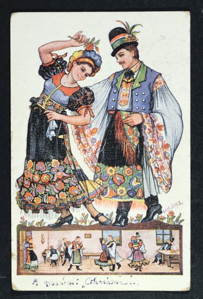 Geleneksel bir dans dansı yapan Macar bir çifti tasvir eden kartpostal, 1943 by Hungarian School
