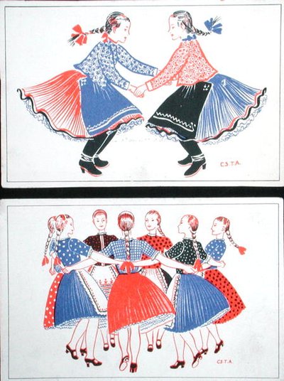 Geleneksel Macar danslarını betimleyen kartpostallar, c.1947-8 (renkli taş) by Hungarian School