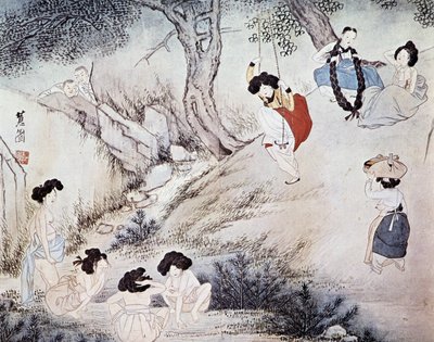 Açık havada kadınlar (nehirde banyo ve salıncak) ve onları izleyen iki erkek, Kree - Hye-Wol, Yi Hanedanlığı by Hyewon