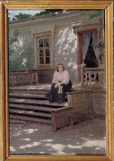 Verandada (Verandada). Bir evin önündeki merdivenlerde tek başına oturan ve birini bekliyormuş gibi görünen bir kadın. Jakov Jakovlevich Kalinichenko