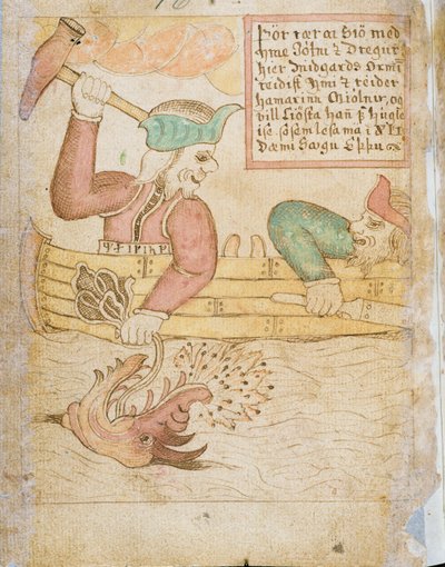 Midgard Yılanını Yakalayan Thor, 'Melsted's Edda'dan (kalem ve mürekkep ve kağıt üzerine sulu boya) by Icelandic School