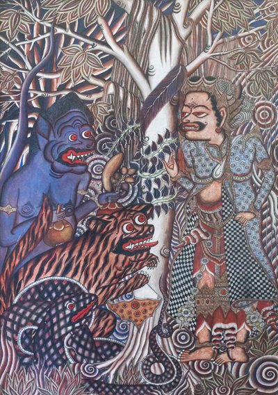 Rahip maymunu, yılanı ve kaplanı kuyudan kurtarır. by Ida Bagus Gelgel