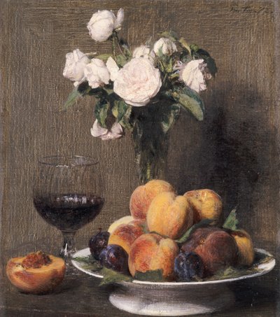Gül, meyve ve bir kadeh şarap ile natürmort, 1872 by Ignace Henri Jean Fantin Latour