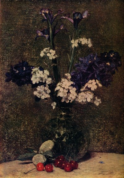 Masada Kiraz ve Badem ile çiçek vazosu, Doğa morte, Süsenler, Delphinium melezleri bir by Ignace Henri Jean Fantin Latour