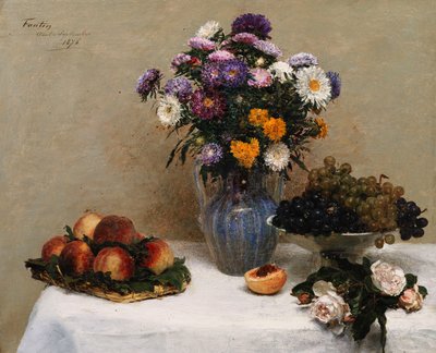 Vazoda Beyaz Güller ve Krizantemler -Beyaz Masa Örtüsüyle Masada Şeftali ve Üzümler; Vazoda Beyaz Güller, Krizantemler - Beyaz Masa Örtüsünde Şeftali ve Üzüm, 1876 by Ignace Henri Jean Fantin Latour