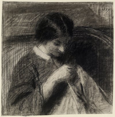 Kadın Dikişi (beyaz kağıda beyaz tebeşirle dokunulmuş, kütük ve silinmiş karakalem) by Ignace Henri Jean Fantin Latour