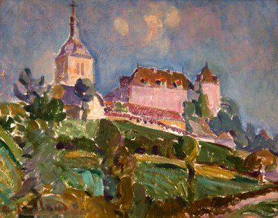 Kale ve Gruyères kilisesinin görünümü, 1925-30 dolayları (karton üzerine yağlı boya) by Ignace Nazaire Oswald Pilloud