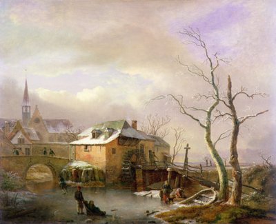 Bir Köyün Yanındaki Donmuş Değirmen Havuzunda Köylülerle Bir Kış Manzarası (tuval üzerine yağlı boya) by Ignatius Josephus van Regemorter