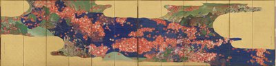 Bir akışta akçaağaç yaprakları, altı panelli ekran, Edo Dönemi by Ikeda Koson